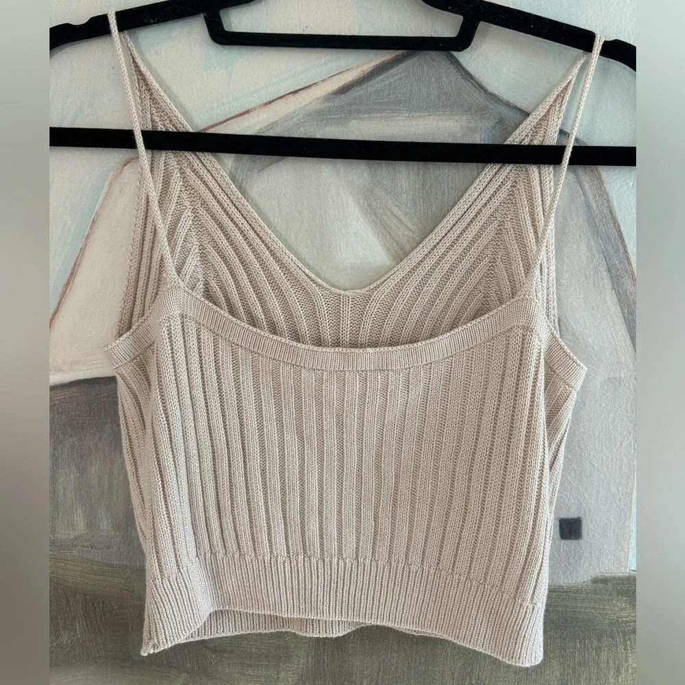 Women’s V Neck Sleeveless Ribbed Knit Crop Cami Tank Bodycon Cream O/S - Picture 7 of 9